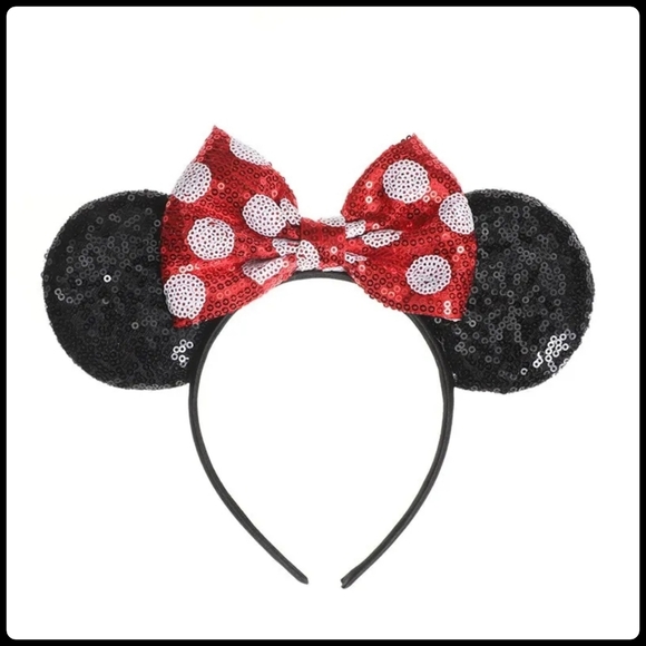 5/25 Minnie mouse headband with sequin ears & sequin red/ white bow. New - Picture 2 of 4